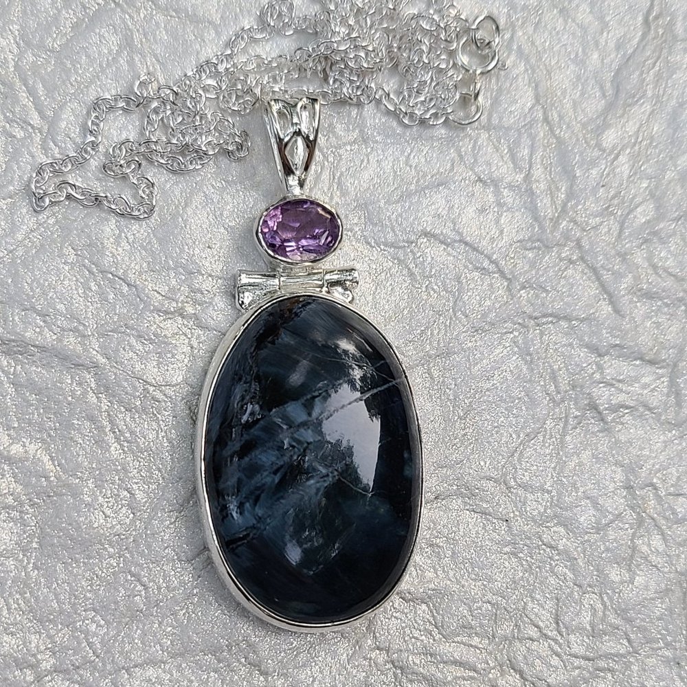 Pietresite and Amethyst Sterling Silver Pendant-Chunky Pietresite Pendant - Picture 3 of 6